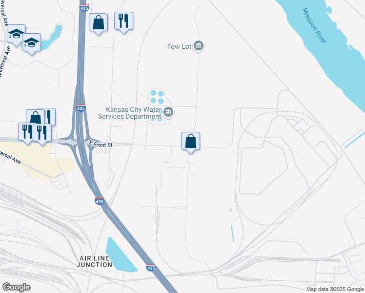 map of restaurants, bars, coffee shops, grocery stores, and more near 7756 Front Street in Kansas City