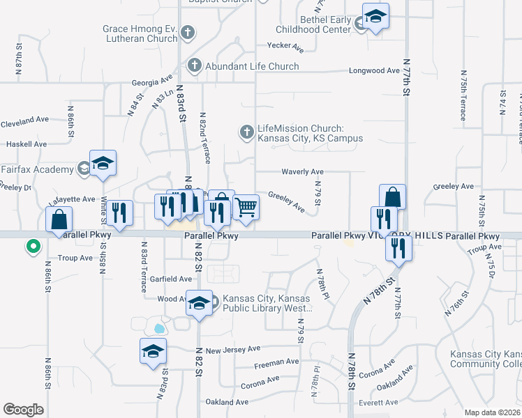 map of restaurants, bars, coffee shops, grocery stores, and more near 8029 Greeley Avenue in Kansas City