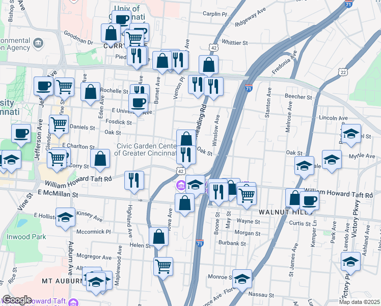 map of restaurants, bars, coffee shops, grocery stores, and more near 2715 Reading Road in Cincinnati