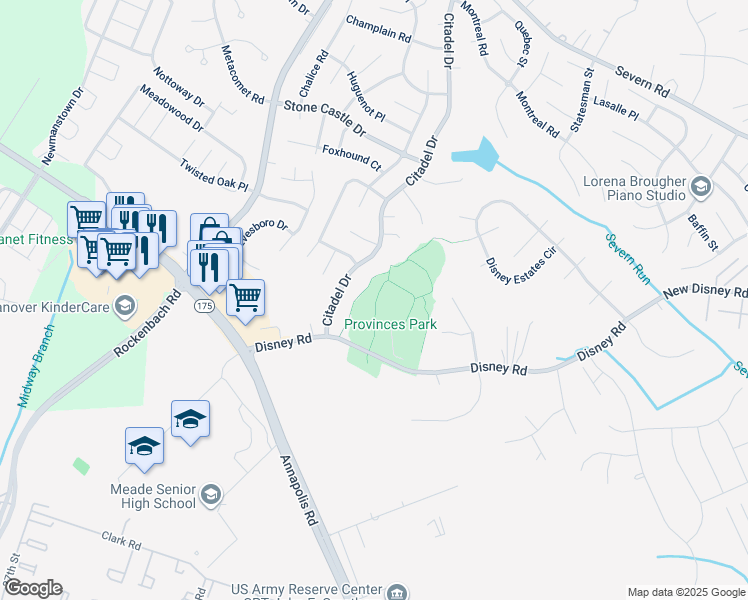map of restaurants, bars, coffee shops, grocery stores, and more near 1742 Disney Road in Severn