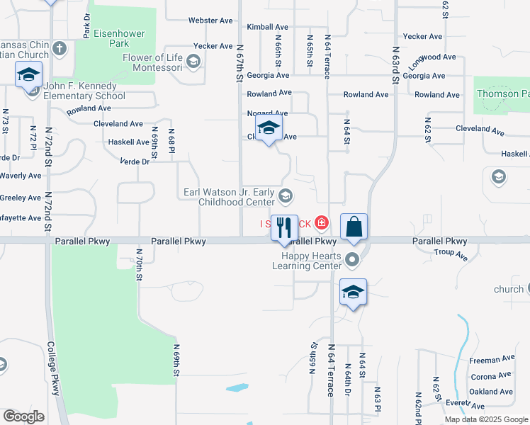 map of restaurants, bars, coffee shops, grocery stores, and more near 6638 Greeley Avenue in Kansas City