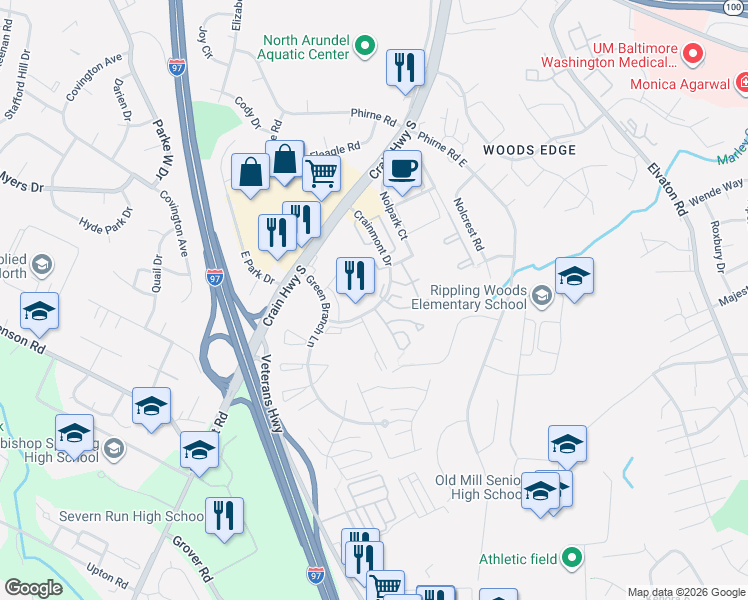 map of restaurants, bars, coffee shops, grocery stores, and more near 8096 Crainmont Drive in Glen Burnie