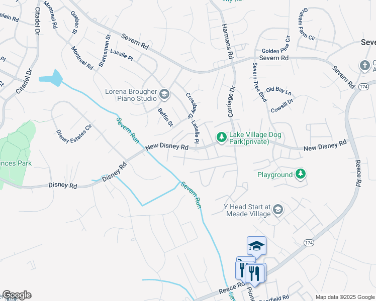map of restaurants, bars, coffee shops, grocery stores, and more near 8001 Laketowne Court in Severn