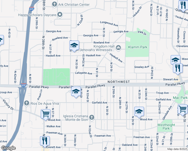 map of restaurants, bars, coffee shops, grocery stores, and more near 3112 Lafayette Avenue in Kansas City