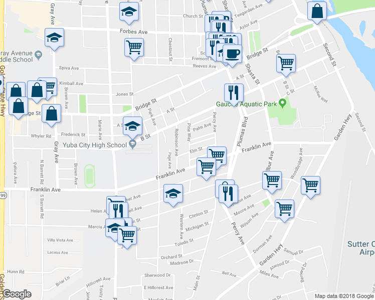 map of restaurants, bars, coffee shops, grocery stores, and more near 410 Pine Way in Yuba City
