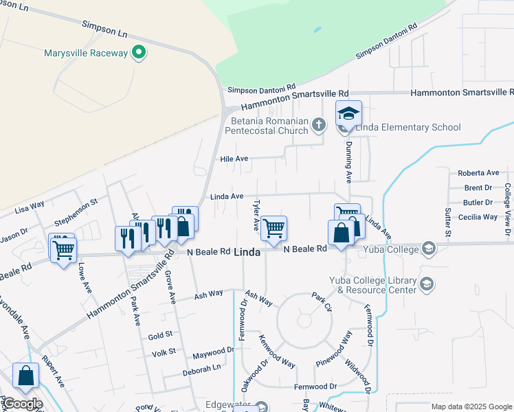 map of restaurants, bars, coffee shops, grocery stores, and more near 1801-1837 Linda Ave in Linda