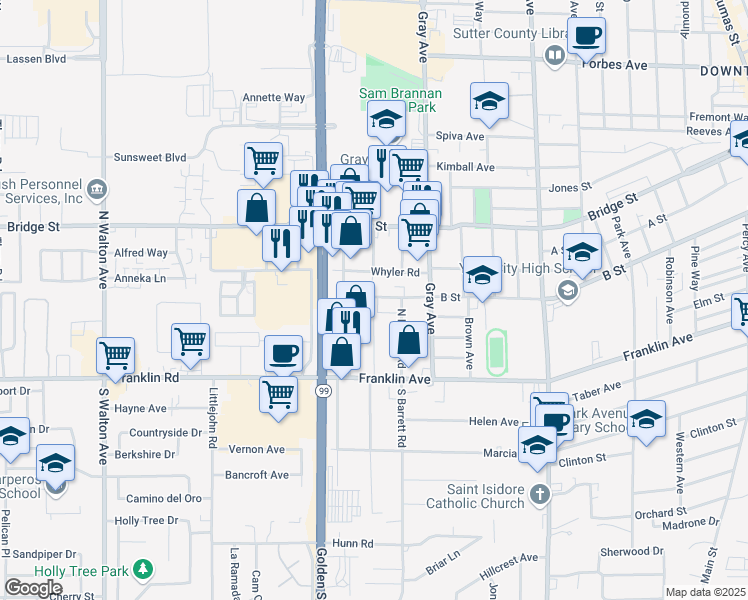 map of restaurants, bars, coffee shops, grocery stores, and more near 1190 Whyler Road in Yuba City