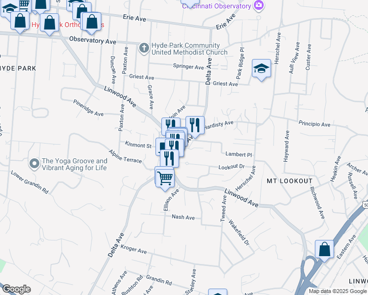 map of restaurants, bars, coffee shops, grocery stores, and more near 1021 Delta Avenue in Cincinnati