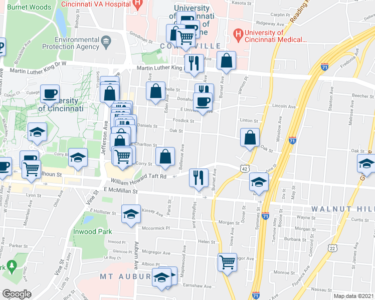 map of restaurants, bars, coffee shops, grocery stores, and more near 2658 Bellevue Avenue in Cincinnati