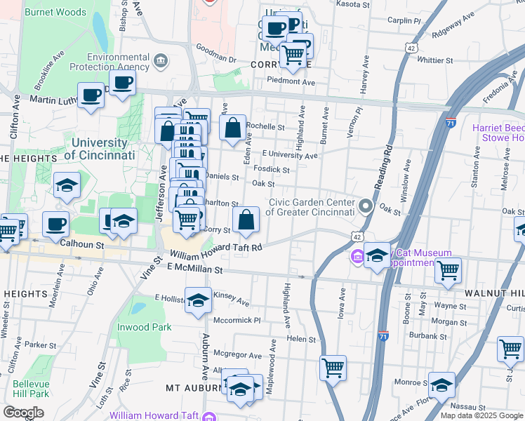 map of restaurants, bars, coffee shops, grocery stores, and more near 2714 Eden Avenue in Cincinnati