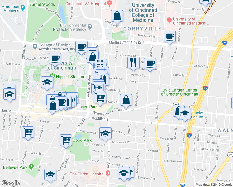map of restaurants, bars, coffee shops, grocery stores, and more near 112 East Charlton Street in Cincinnati