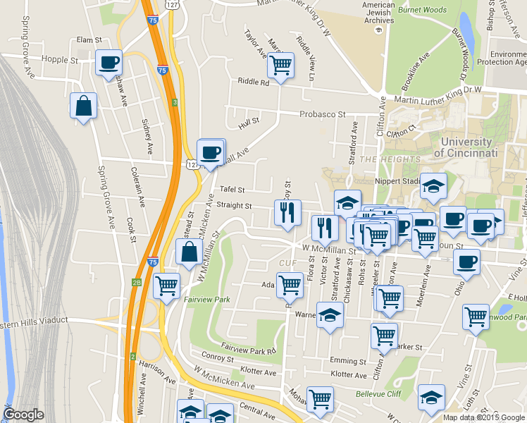 map of restaurants, bars, coffee shops, grocery stores, and more near 607 Tafel Street in Cincinnati