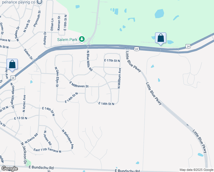 map of restaurants, bars, coffee shops, grocery stores, and more near 1504 North Blue Mills Road in Independence