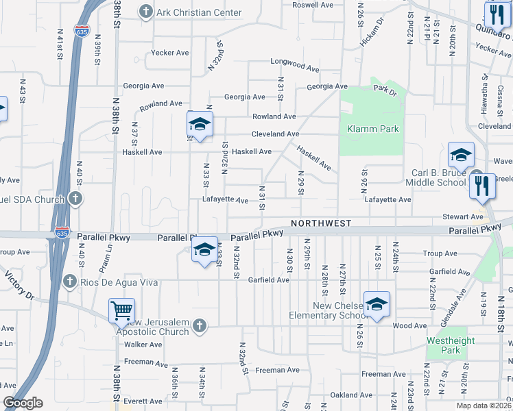 map of restaurants, bars, coffee shops, grocery stores, and more near 3112 Lafayette Avenue in Kansas City