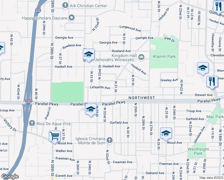 map of restaurants, bars, coffee shops, grocery stores, and more near 3112 Lafayette Avenue in Kansas City