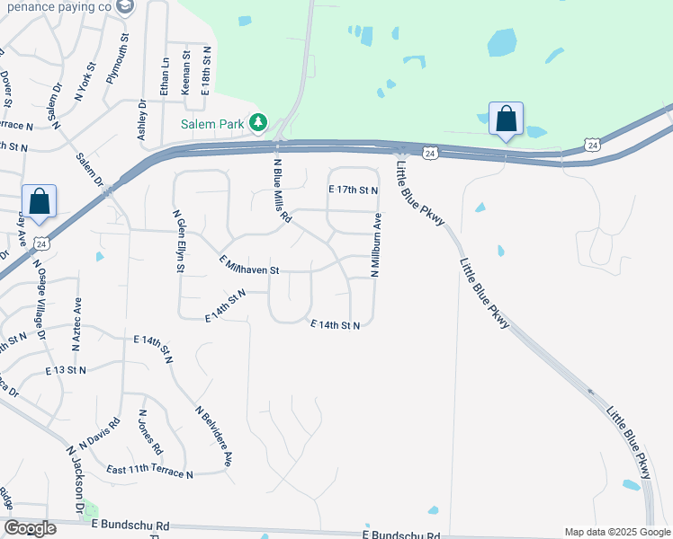 map of restaurants, bars, coffee shops, grocery stores, and more near 1504 North Blue Mills Road in Independence