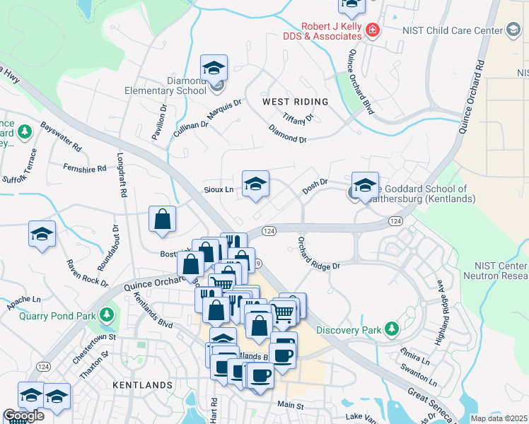 map of restaurants, bars, coffee shops, grocery stores, and more near 1004 Bayridge Terrace in Gaithersburg