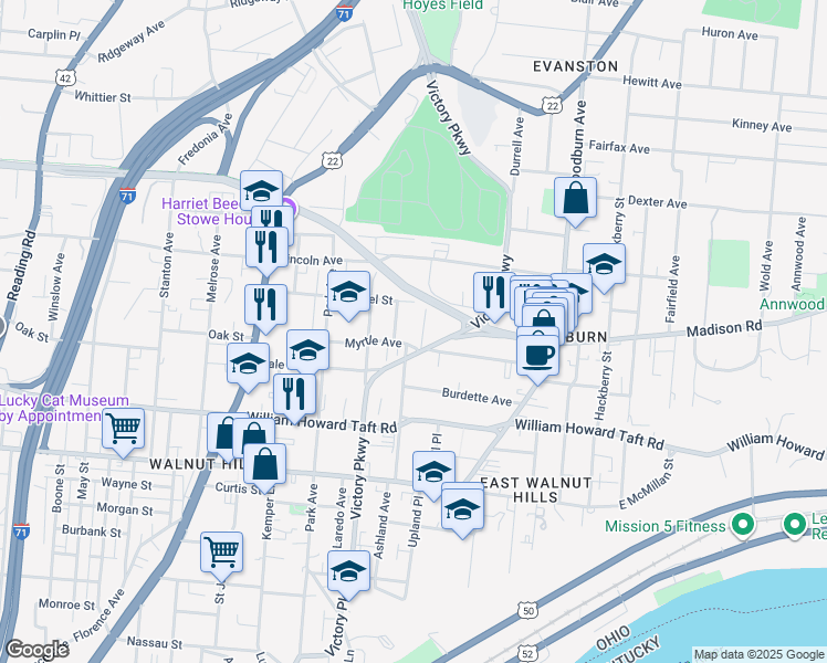 map of restaurants, bars, coffee shops, grocery stores, and more near 2820 Preston Street in Cincinnati