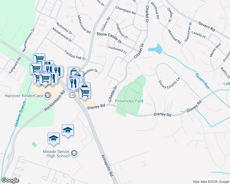 map of restaurants, bars, coffee shops, grocery stores, and more near 7967 Citadel Drive in Severn