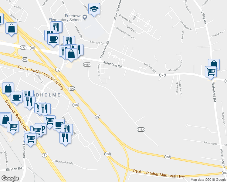 map of restaurants, bars, coffee shops, grocery stores, and more near 7985 Long Hill Road in Pasadena