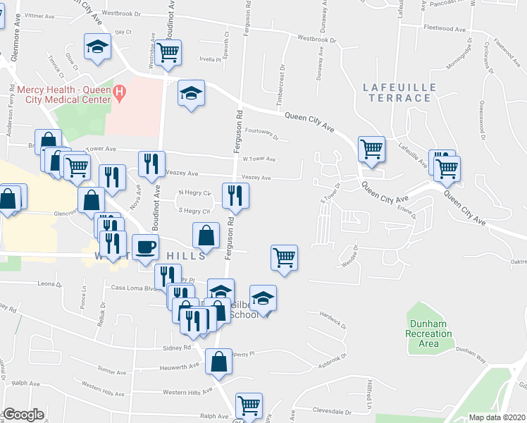 map of restaurants, bars, coffee shops, grocery stores, and more near 2950 West Park Drive in Cincinnati