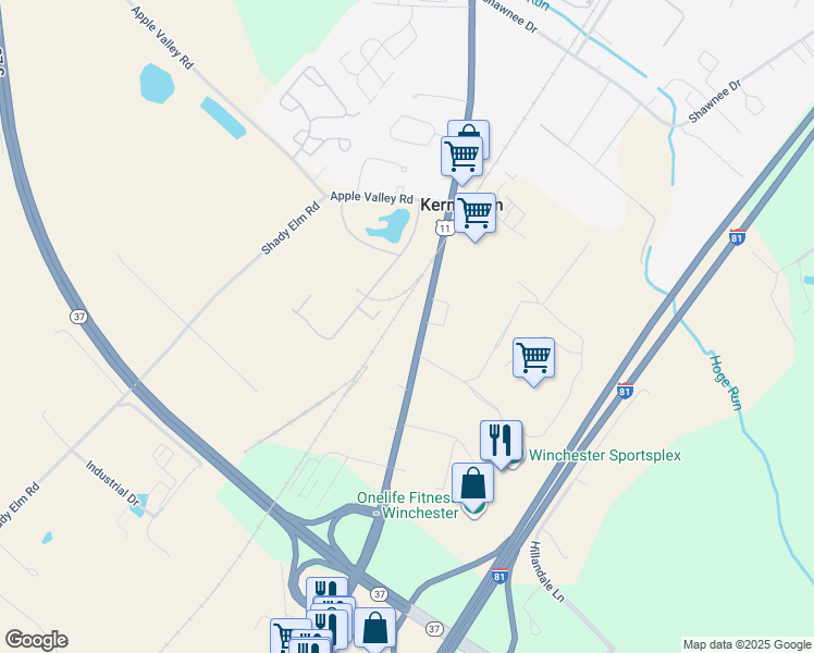 map of restaurants, bars, coffee shops, grocery stores, and more near 3506 Valley Pike in Winchester