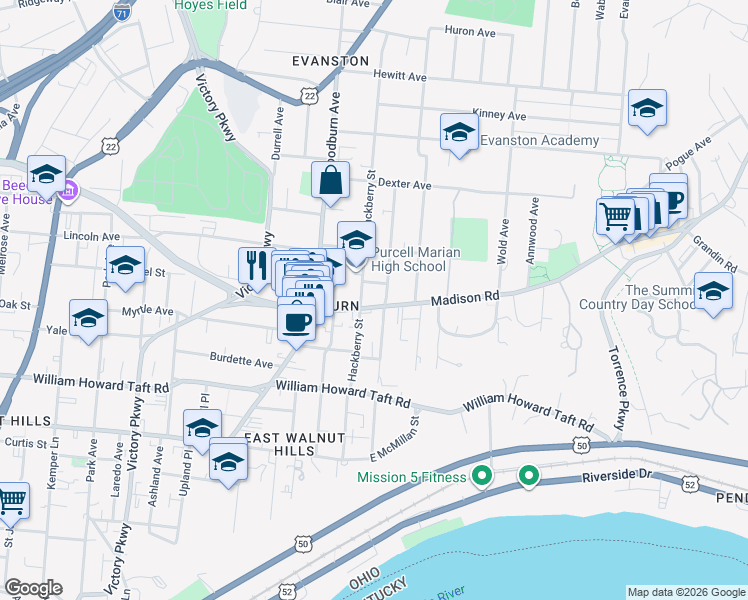 map of restaurants, bars, coffee shops, grocery stores, and more near 1710 Madison Road in Cincinnati
