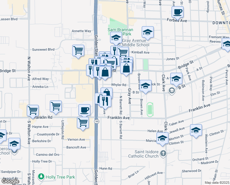 map of restaurants, bars, coffee shops, grocery stores, and more near 1190 Whyler Road in Yuba City
