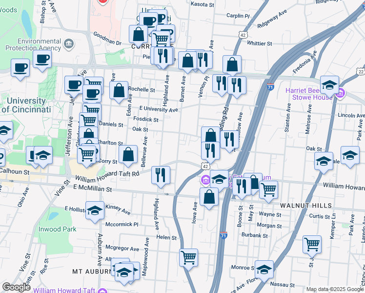 map of restaurants, bars, coffee shops, grocery stores, and more near 411 Oak Street in Cincinnati