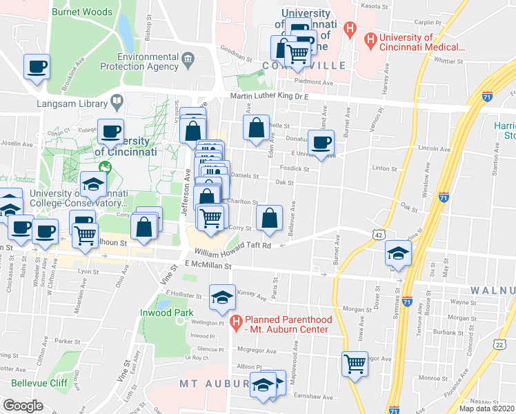 map of restaurants, bars, coffee shops, grocery stores, and more near 112 East Charlton Street in Cincinnati