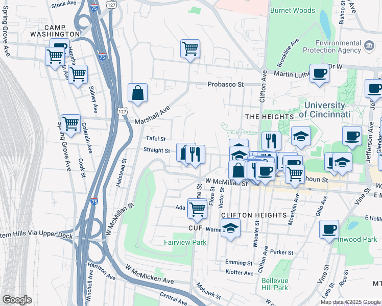 map of restaurants, bars, coffee shops, grocery stores, and more near 2710 Wagner Street in Cincinnati