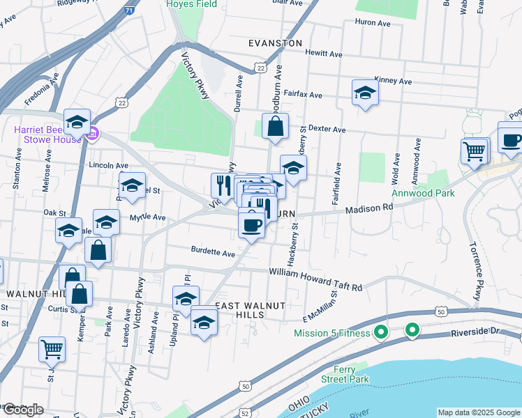 map of restaurants, bars, coffee shops, grocery stores, and more near in Cincinnati