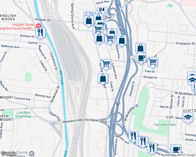 map of restaurants, bars, coffee shops, grocery stores, and more near 1201-1299 Straight St in Cincinnati