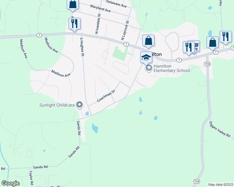 map of restaurants, bars, coffee shops, grocery stores, and more near 17582 Coachman Drive in Hamilton