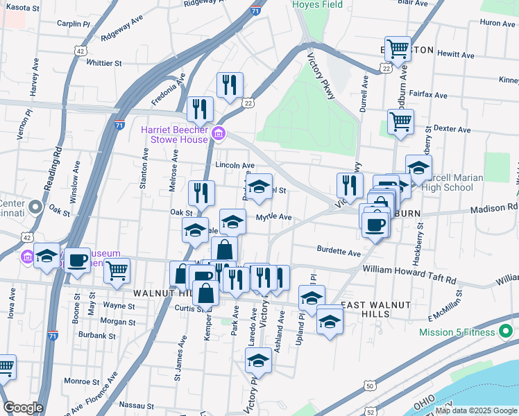 map of restaurants, bars, coffee shops, grocery stores, and more near 2825 Alms Place in Cincinnati