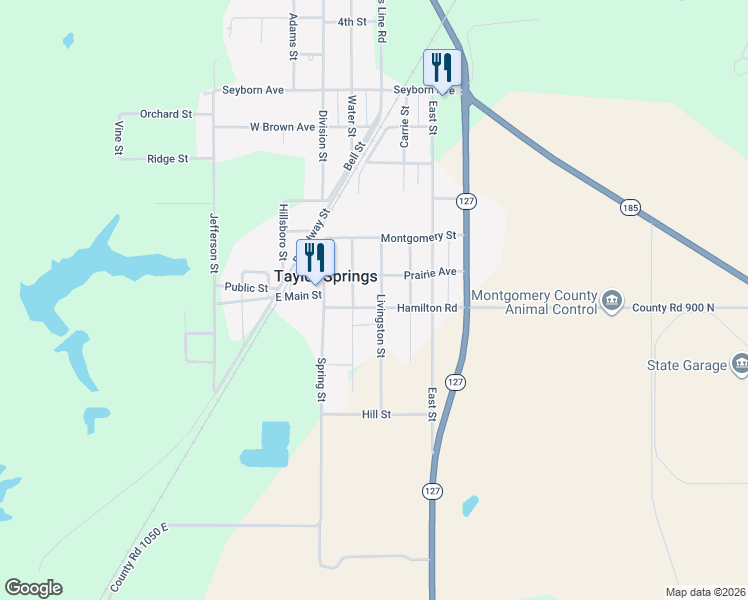 map of restaurants, bars, coffee shops, grocery stores, and more near 602 Livingston Street in Taylor Springs