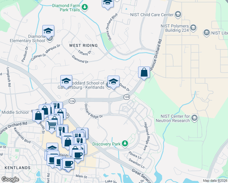 map of restaurants, bars, coffee shops, grocery stores, and more near 900 Wind River Ln in Gaithersburg