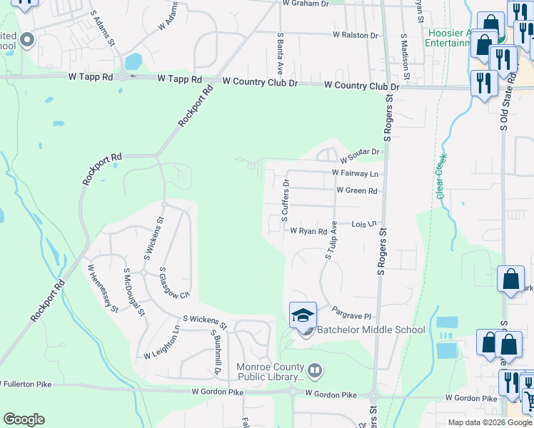 map of restaurants, bars, coffee shops, grocery stores, and more near 725 West Ladd Avenue in Bloomington