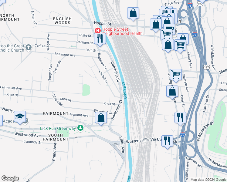 map of restaurants, bars, coffee shops, grocery stores, and more near 2522 Liddell Street in Cincinnati