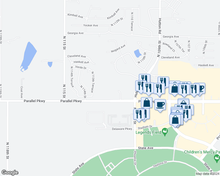 map of restaurants, bars, coffee shops, grocery stores, and more near 11204 Parallel Parkway in Kansas City