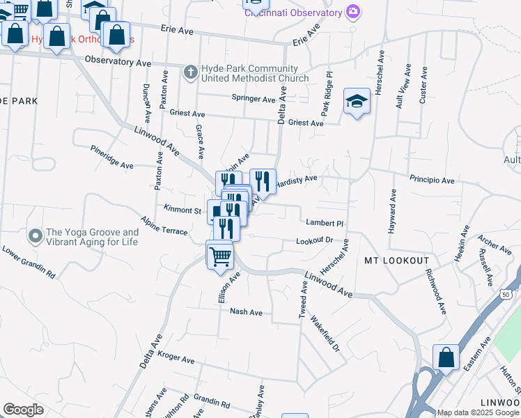 map of restaurants, bars, coffee shops, grocery stores, and more near 1021 Delta Avenue in Cincinnati