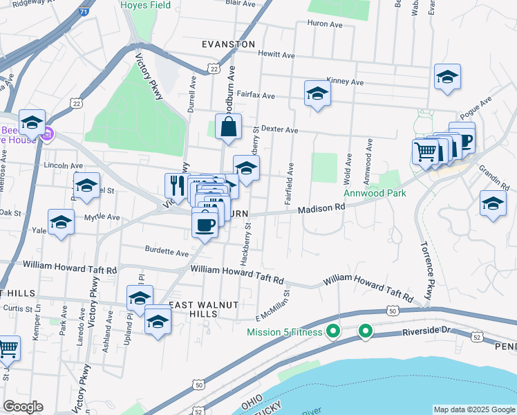map of restaurants, bars, coffee shops, grocery stores, and more near 1715 Fernwood Street in Cincinnati