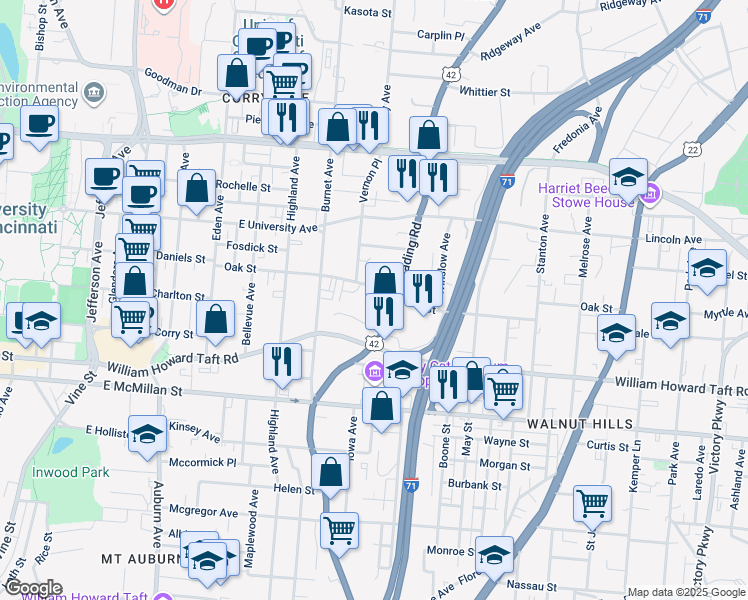 map of restaurants, bars, coffee shops, grocery stores, and more near 510 Oak Street in Cincinnati