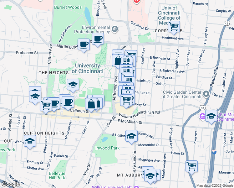 map of restaurants, bars, coffee shops, grocery stores, and more near 2635 Jefferson Avenue in Cincinnati