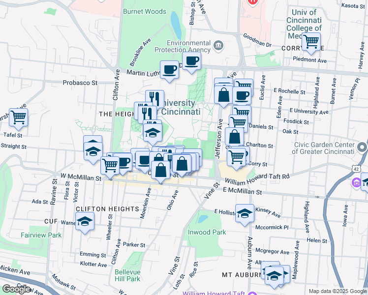 map of restaurants, bars, coffee shops, grocery stores, and more near in Cincinnati
