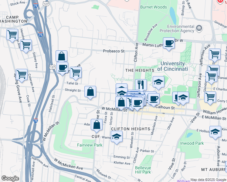 map of restaurants, bars, coffee shops, grocery stores, and more near 2616 University Court in Cincinnati