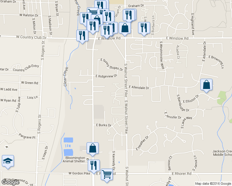 map of restaurants, bars, coffee shops, grocery stores, and more near 3000 South Walnut Street in Bloomington