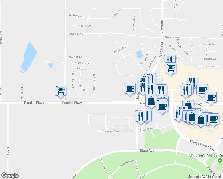 map of restaurants, bars, coffee shops, grocery stores, and more near 11204 Parallel Parkway in Kansas City