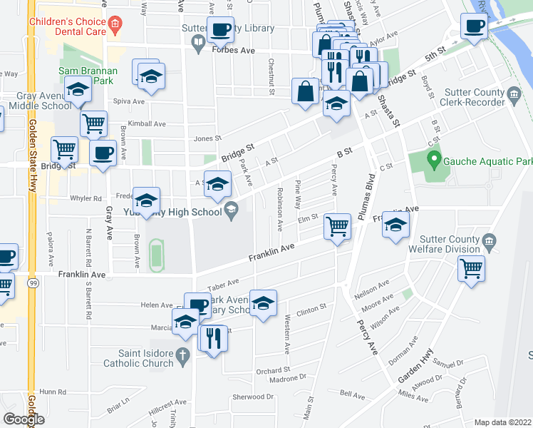 map of restaurants, bars, coffee shops, grocery stores, and more near 442 Page Avenue in Yuba City