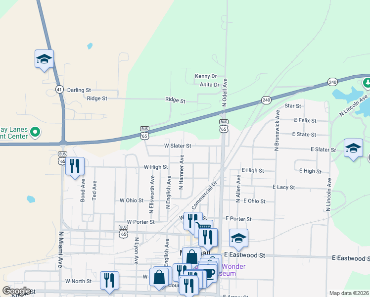 map of restaurants, bars, coffee shops, grocery stores, and more near 187-199 West Slater Street in Marshall